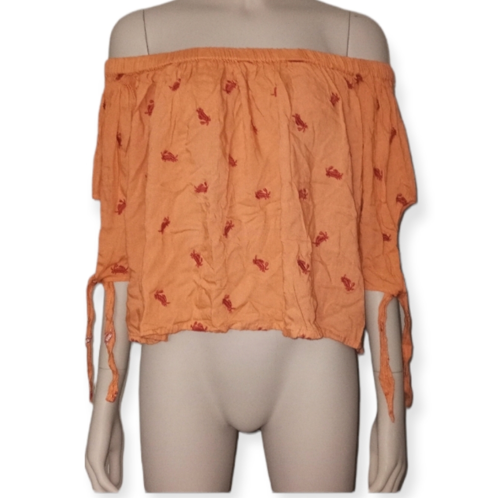 CRATAN JAPAN lobster orange off the the shoulder graphic print top